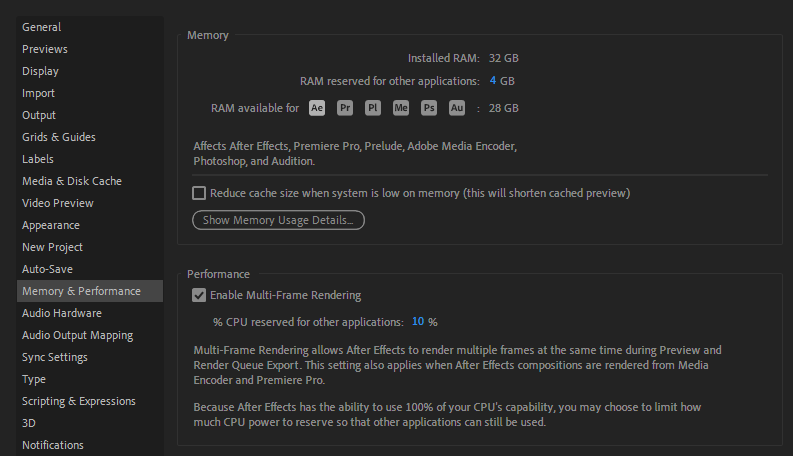 Memory & Performance tab